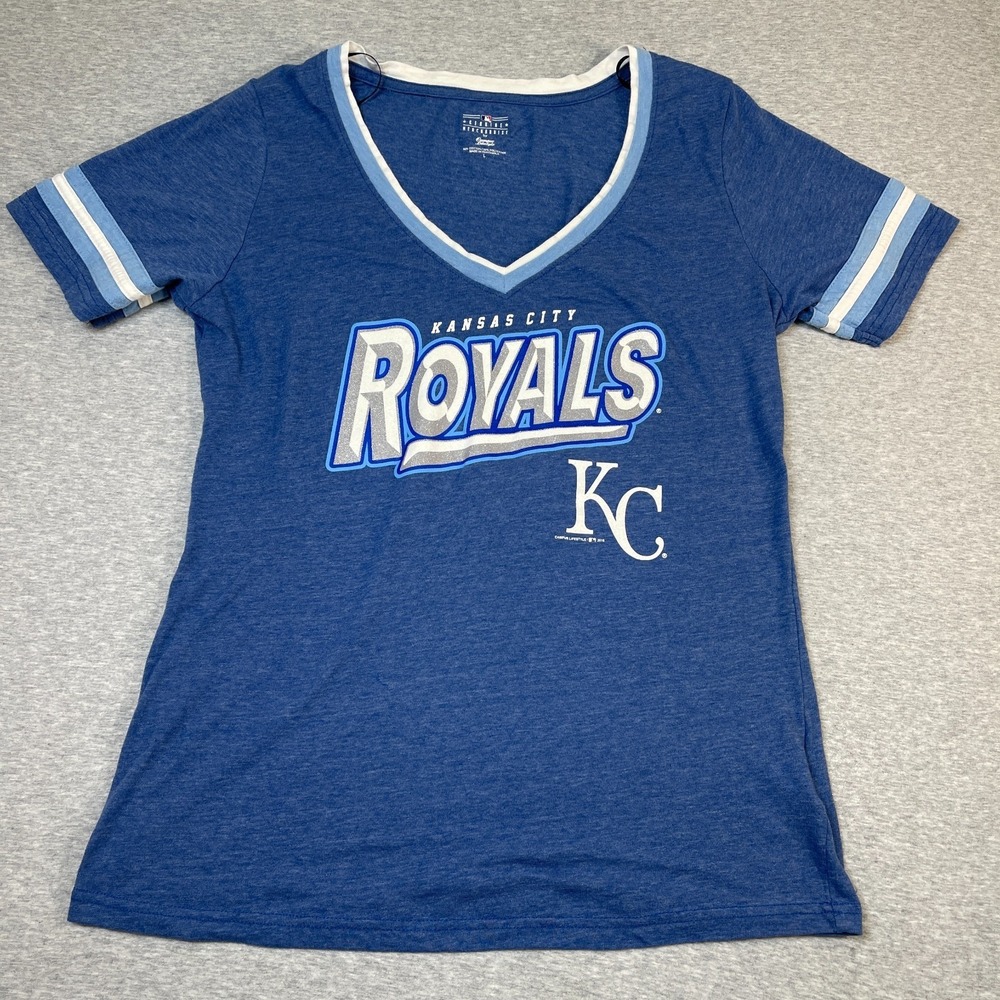 MLB Kansas City Royals Shirt Womens Large L Blue Heather V-Neck Glitter Varsity